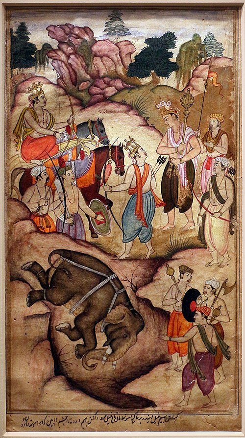 Bhima Kiling Ashwatthama Elephant, Razmnama, c. 1598-1599, India
