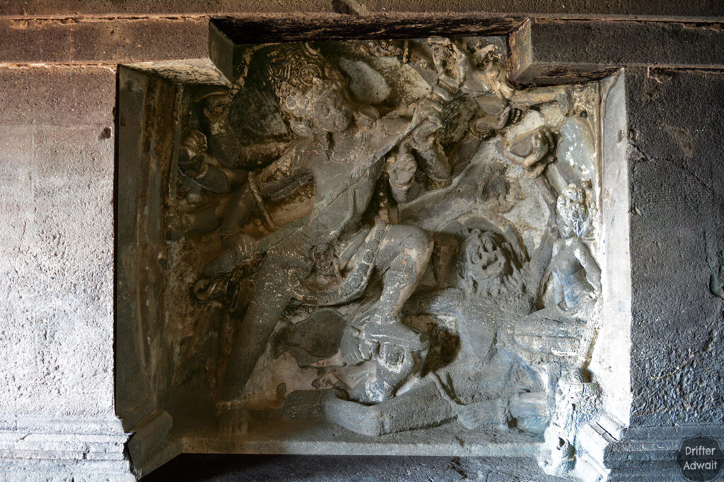 Shiva with Vishnu in female form, collecting blood of Andhakasur, Ellora, Maharashtra