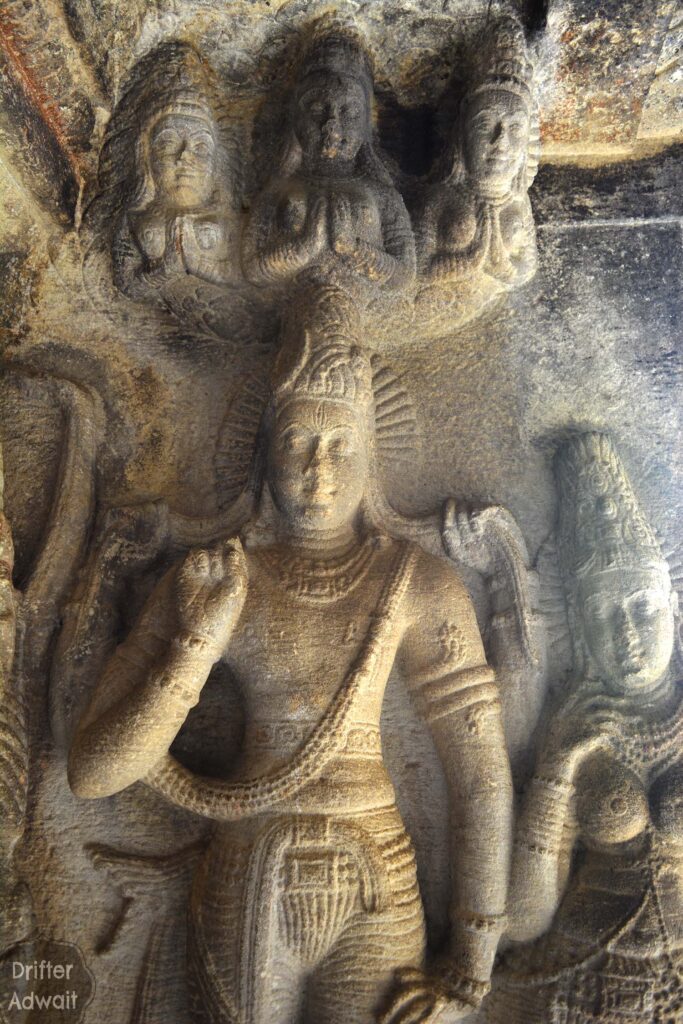 Shiv releasing Ganga with two dreadlocks, Rock cut cave of Ravanphadi, Aihole, Karnataka.